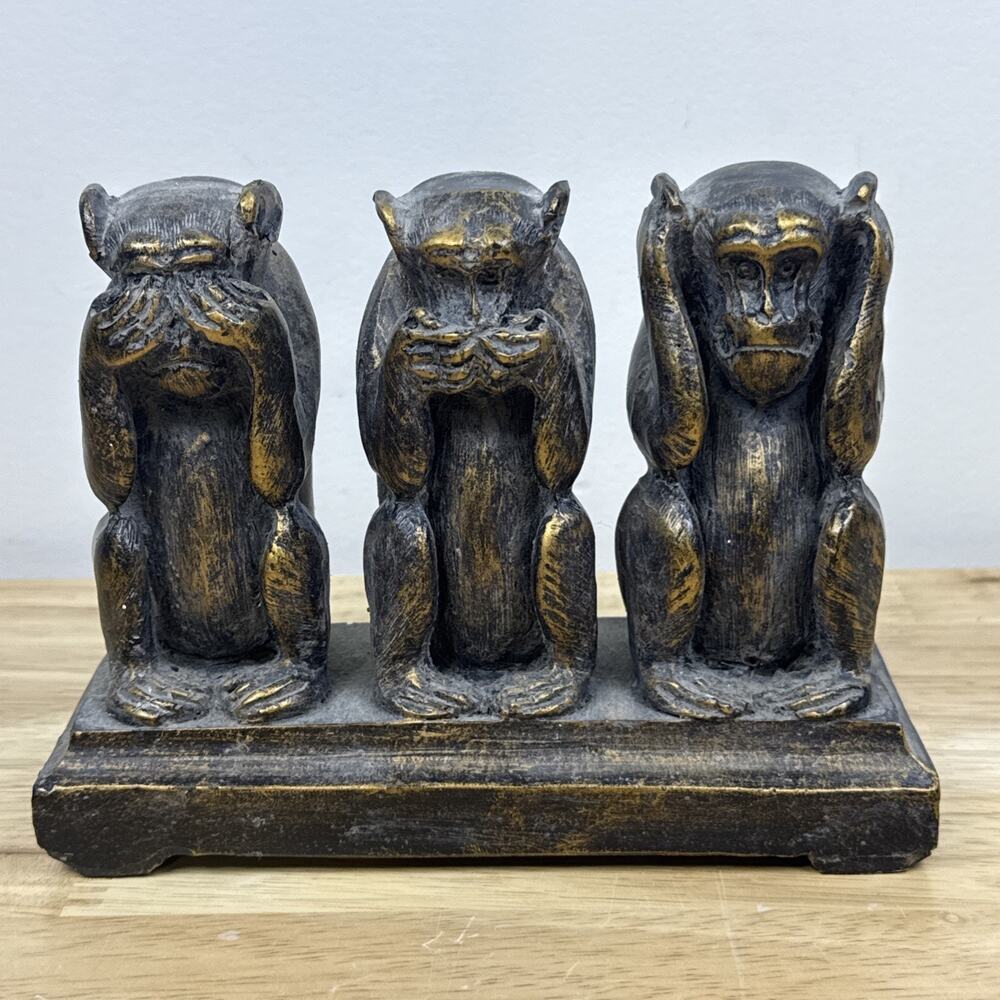 Bronze Brushed Three Wise Monkeys Sculpture Decor 6.5” Heavy